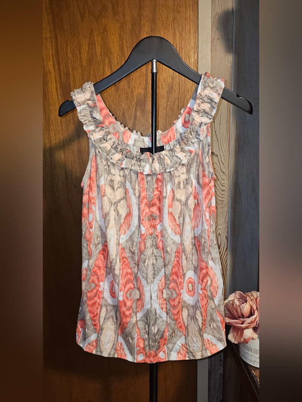 INC International Concepts Coral, Beige and White Ruffled Neck Sleeveless Top